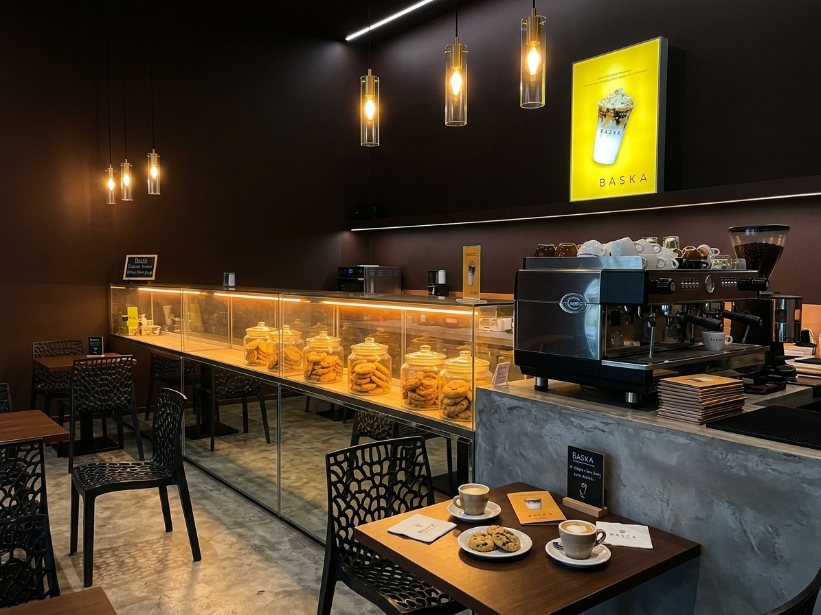 Warm seating area with illuminated BASKA sign